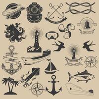Set of the nautical emblems and design elements. Ships, anchors, Lighthouse, compass. Marine design elements. vector