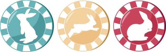 set of icons of colorful poker chips for Easter with prints, shadow of Easter rabbits in different poses vector