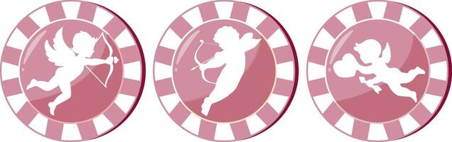 set of pink poker chips with a design for St. Valentine's Day, namely prints of cupids holding a crossbow and cupid's arrow vector