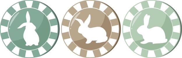 set of icons of colorful poker chips for Easter with prints, shadow of Easter rabbits in different poses with big ears vector