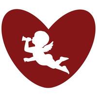 red heart simple icon with angel shadow with flute and big wings, valentine's day design vector