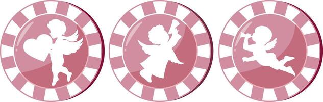 set of pink poker chips with a design for St. Valentine's Day, namely prints of cupids of various types vector