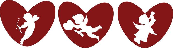 set of simple valentines day icons of red hearts with shadow of cupids in different poses and with different objects for different posters or banners vector