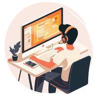 A man is sitting at a computer with headphones on vector