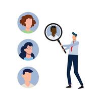 HR manager searching best candidates with magnifying glass. Job recruitment process. Finding new employee. Recruitment, hiring process. Human resources vector
