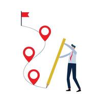 Roadmap concept. Workflow or working process, project progress, milestone or achievement tracking, work experience, businessman using pencil to draw workflow line with achievement flag milestones. vector