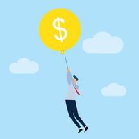 Conceptual illustration of a businessman flying high with a inflated balloon vector