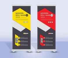 Modern geometric red and yellow roll up banner template design vector