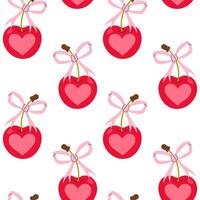 Ripe cherry with heart and pink bow. Seamless pattern for textile, wrapping paper, background. vector
