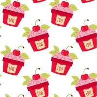 Ice cream, yogurt, whipped cream with cherry flavor. Ripe cherries. Seamless pattern for textile, wrapping paper, background. vector