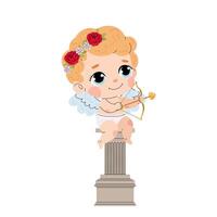 Cupid with bow and arrow sits on a column. Charming cupid. Valentine's Day element. Flat illustration for print, greeting card, poster. vector