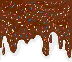Melting chocolate ice cream frosting with colorful sprinkles on white background. Cocoa ice cream frosting background. Horizontal seamless border. vector