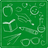 School sketch doodles background drawn with chalk on a green chalkboard. Drawings in the classroom board. Teaching education icons. vector