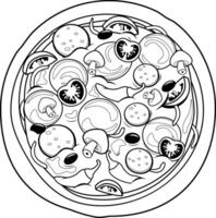 Pizza with cheese and pepperoni on white background. Pizzeria food delivery. Cartoon style, top view. Black and white coloring page. vector