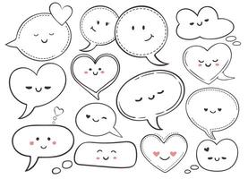 Set of speech bubbles with smiling faces. Talking and thinking clouds with cartoon characters. Collection of emoji design elements for St Valentines day, comic books, design. vector