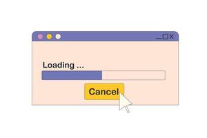 Loading progress window with cancel button and cursor on simple interface design. Window, social media app templates. 80s 90s old computer UI elements and vintage aesthetic icons. vector