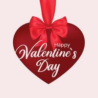 Red heart with ribbon and bow featuring happy valentine's day text in elegant script. Design for celebration and season decoration, promotion, banner, cover. vector
