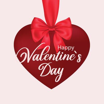 Red heart with ribbon and bow featuring happy valentine's day text in elegant script. Design for celebration and season decoration, promotion, banner, cover.