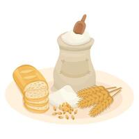 Composition or scene with bread, flour with sack and wheat with ears. Modern cartoon illustration for bakery isolated on white background vector