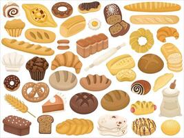 Big set or collection with bread, different pastries and baguette, whole grain bread. Illustration for bakery or confectionery on white background vector
