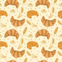 Seamless pattern with fresh and crispy croissants, ears of wheat on a light background, French pastries vector