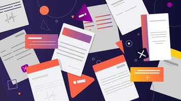 Abstract Document Illustration with Floating Papers and Colorful Geometric Shapes Design vector
