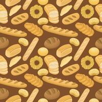 Seamless cartoon pattern with bread, baguette on brown background. Bakery theme illustration vector