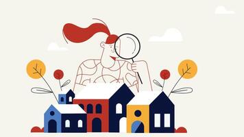Woman Exploring Tiny Houses with a Magnifying Glass vector