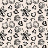 Seamless pattern with Chestnuts nuts. Hand drawn repeating background with chestnut plant, fruits and leaf. Design for wrapping, logo, template, card, print, paper, label. Organic product, food vector