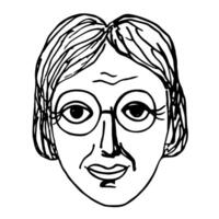 Hand drawn sketch of an adult woman with wrinkles on an isolated background. Illustration portrait of abstract pensioner person with glasses. Emotions and Lifestyle, calm face, character vector
