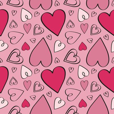 Seamless pattern with hearts. Hand drawn festive pink repeating background for Valentine day, congratulation, birthday. Design for print, textile, wrapping, paper, postcard, banner, flyer