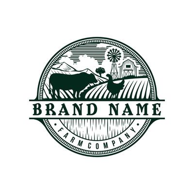 Retro Vintage Cattle Farm Logo Design Illustration With beautiful natural scenery. Luxury Circle Badge Badge
