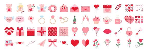 A collection of Valentine's Day themed icons, including hearts, roses, and teddy bears. The icons are arranged in a grid, with some overlapping each other. Scene is one of love and romance vector