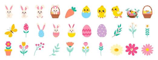 A collection of Easter themed images including flowers, eggs, and rabbits. The images are all in different sizes and colors, but they all have a cheerful and festive feel to them vector