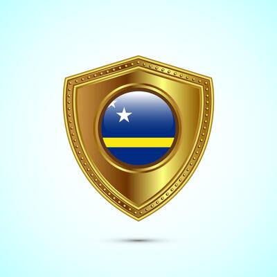 Rounded flag of Curacao with glossy gold shield