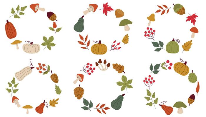 Cute cartoon round autumn frames with pumpkins and leaves, cones and berries. Fall harvest wreaths collection in flat style.