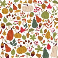 Cute messy autumn seamless pattern with branches and leaves, pumpkins and berries in simple flat style. Cozy fall background, textile, fabric. vector