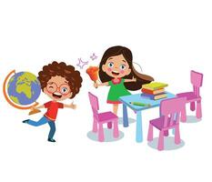 children in school classroom with globe and books vector