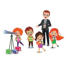 a man is standing in front of a group of children and a telescope vector