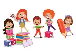 children with books and pencils standing on blocks vector