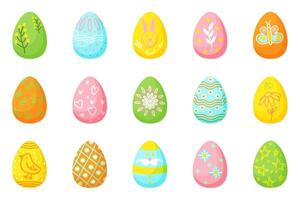 Set of Easter eggs. 15 multi-colored painted eggs with patterns in the form of flowers, butterflies, rabbits, yellow chick, stars, hearts. vector