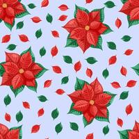 Christmas seamless pattern with Poinsettia and red and green leaves on the blue background. vector