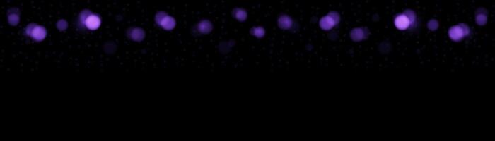 horizontal banner violet bokeh circles, particle on black background. Light circular design along the top edge of the banner. Background with copy space. vector