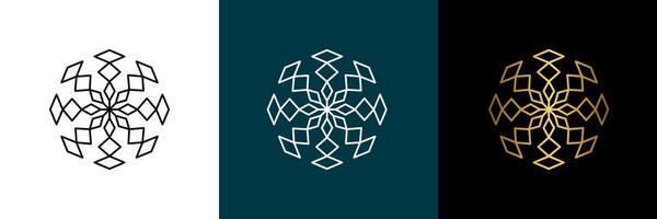 Symmetrical graphic for logotype, snowflake. Color black, white, gold. Isolated design element for themes abstract geometrical modern decoration round logo template. vector