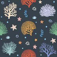 Seamless pattern with hand drawn corals of different shapes and colors. Underwater flora, sea plants. Botanical illustration. vector