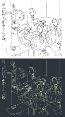 Pipes valves and manometers close-up blueprints
