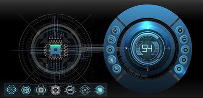 A detailed digital interface displays complex data metrics and visual elements. The design emphasizes a high-tech aesthetic with glowing graphics and interactive features. vector