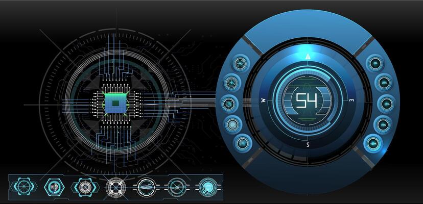 A detailed digital interface displays complex data metrics and visual elements. The design emphasizes a high-tech aesthetic with glowing graphics and interactive features.