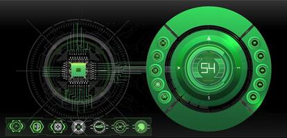 digital interface showcases green visuals and data metrics, emphasizing a modern tech theme. The design is intricate, featuring various circular elements and numeric displays. vector