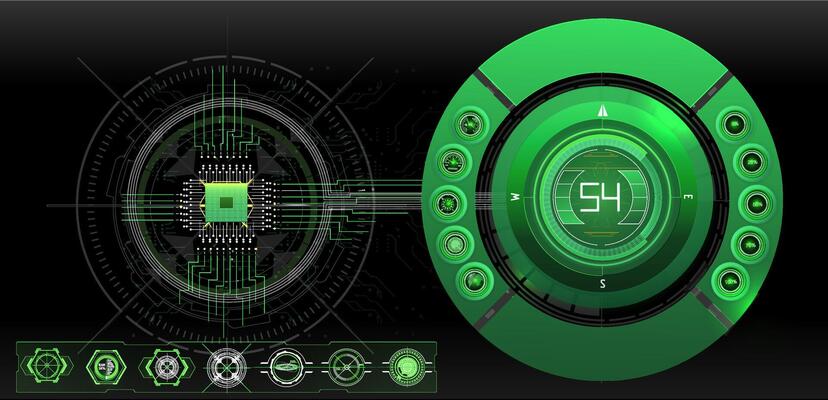 digital interface showcases green visuals and data metrics, emphasizing a modern tech theme. The design is intricate, featuring various circular elements and numeric displays.